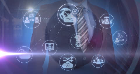 Businessman Interacting with Digital Networking Icons