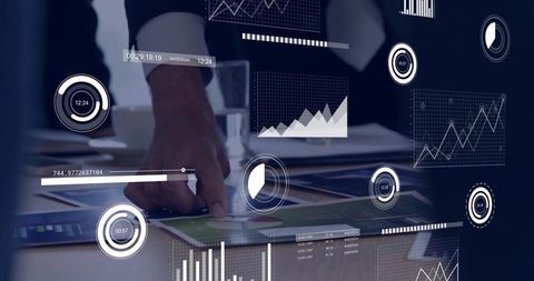 Executive pointing at tablet with augmented reality analytics overlays and business charts