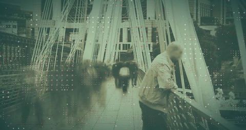 Pensive Man on Busy Urban Bridge Capturing Cityscape Vibe
