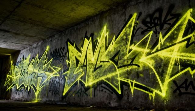 Neon yellow graffiti mural glowing along concrete underpass wall urban tunnel street art