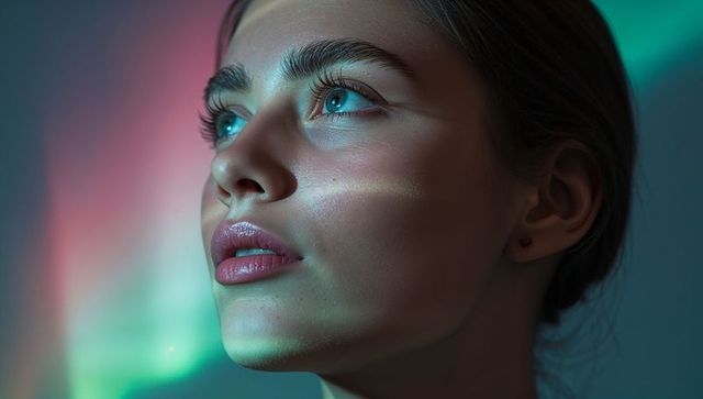 Gazing woman with glossy lips under teal and magenta studio lighting, stud earring