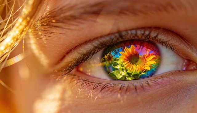 Sunflower reflection in iris macro close-up eye vibrant rainbow colors warm glow creative vision