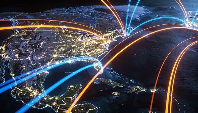 Glowing network arcs connecting eastern north america nightscape with transoceanic data flows