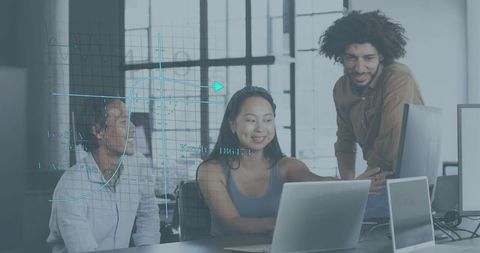 Diverse team collaborating over laptops with data analytics overlay and dashboard visuals