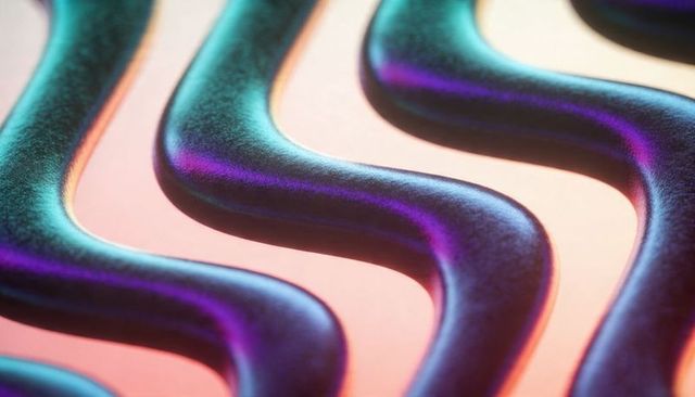 Iridescent s-shaped ridges flowing over metallic velvety surface with neon specular highlights