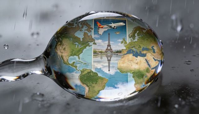 Droplet magnifying world map showing eiffel tower and airplane reflection