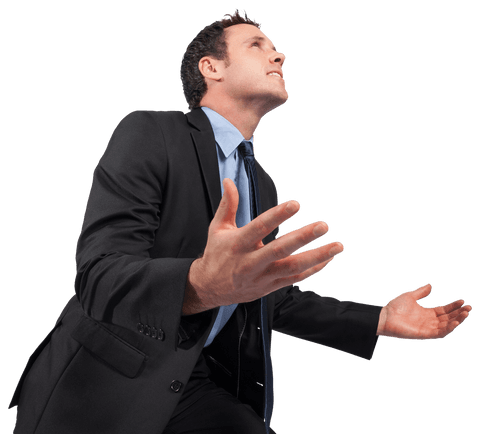 Frustrated Businessman in Suit Expressing with Raised Hands on Transparent Background