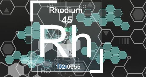 Rhodium element with chemical structures on dark background