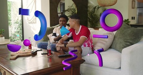 Chatting friends watching game on couch with pizza and soda, vibrant ar graphics