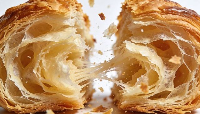 Buttery croissant being pulled apart, flaky laminated layers and stretching strands macro