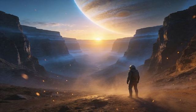 Astronaut standing on alien canyon surveying sunrise beneath massive banded gas giant