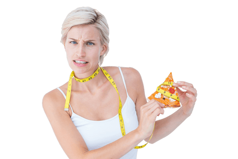 transparent dilemma: frowning blond woman measuring pizza choice - Download Free Stock Videos Pikwizard.com