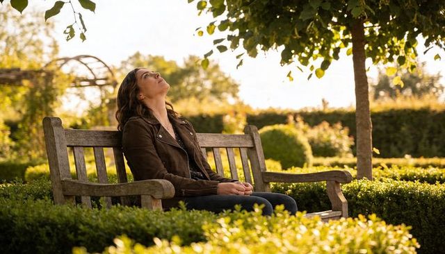 Woman sitting on wooden bench looking up at tree canopy in sunlit manicured garden