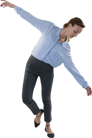 Transparent businesswoman balancing on one foot isolated