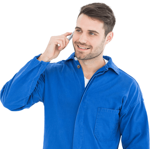 Smiling Young Male Mechanic Talking on Smartphone Transparent Background - Download Free Stock Videos Pikwizard.com
