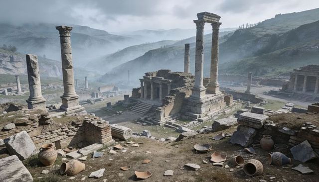 Misty mountain ruins with classical temple columns, terracotta amphorae in foreground