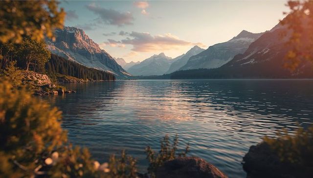 Serene mountain lake reflecting sunset clouds in alpine wilderness