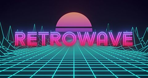 Retro neon grid with glowing pink sun and flickering text