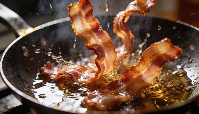 Sizzling Bacon Strips Crisping and Curling in Hot Skillet with Golden Oil Splashes