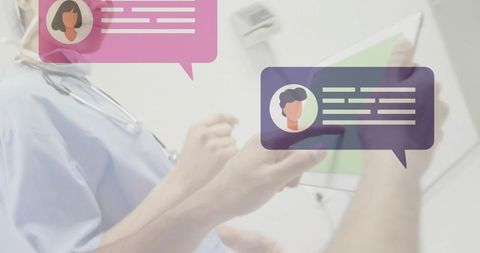 Medical team reviewing telemedicine consults on tablet with chat overlays and ehr workflow