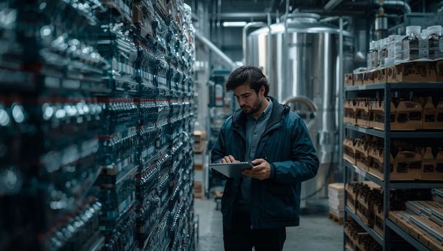 Warehouse Technician Using Tablet for Brewery Inventory Audit in Stainless Tank Aisle