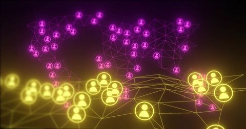 Glowing digital network connecting global users with neon nodes and geometric mesh map