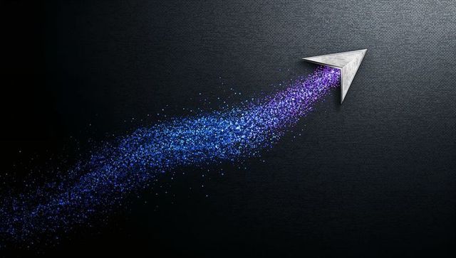 Soaring metal paper airplane leaving blue-purple sparkling particle trail on dark backdrop