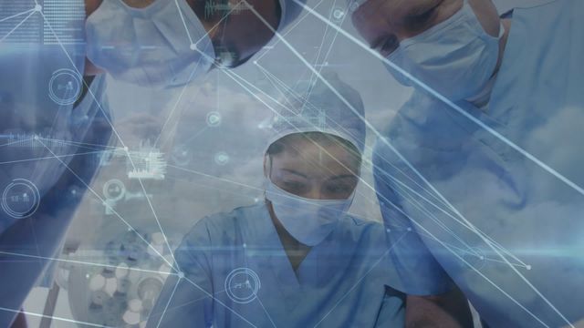 Group of surgeons wearing masks and scrubs interspersed with technology graphics, symbolizing modern medical innovations. Useful for healthcare technology firms, medical training, and hospital promotion materials.