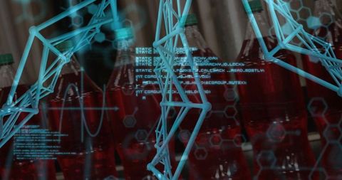 Futuristic bottling line with digital overlay