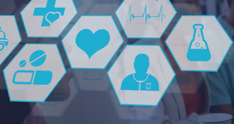 Digital Healthcare Interface with Medical Icons and Diverse Professionals