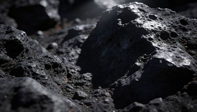 Macro porous basalt rock with sunlit cavities and textured surface at volcanic field study