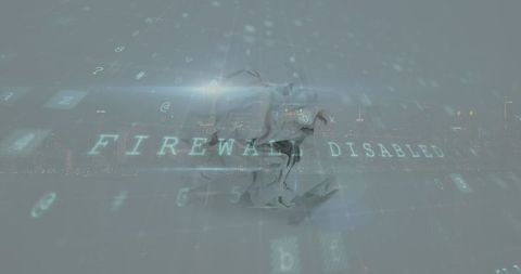 Fractured skull against cityscape with disabled firewall code