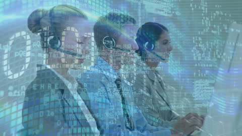 Business Team with Headsets Amidst Data Processing Matrix