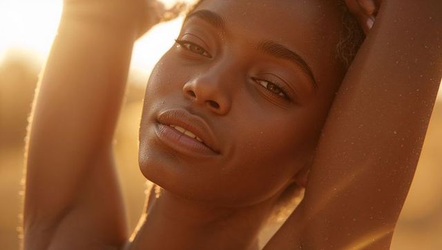 Sunlit close-up portrait of woman raising arms in golden hour field with lens flare