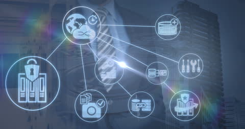 Businessman Interacting with Digital Icon Network Interface