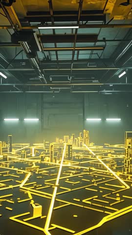 Dimming Lights Activating Neon City Grid in Dark Hangar Futuristic Vertical Tech Video