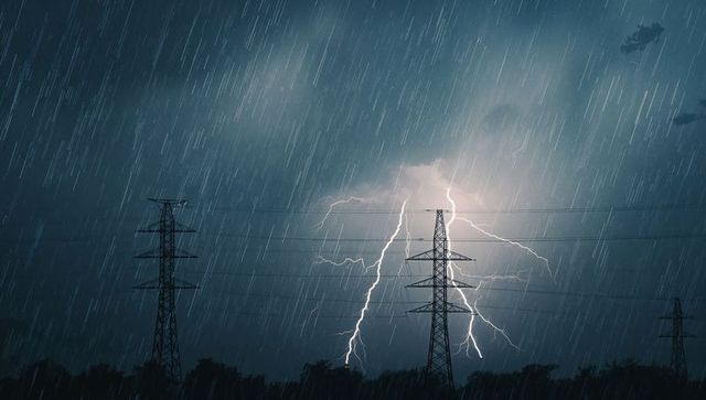 Dramatic lightning strikes power pylon in stormy rural landscape
