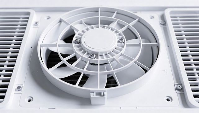 Hvac axial fan displaying motor hub and protective grille in white vent close-up