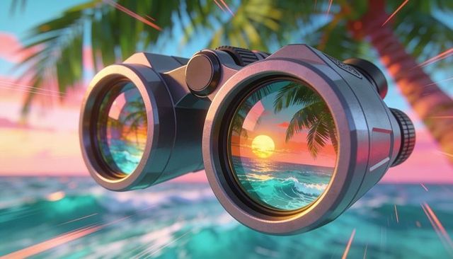 Binoculars reflecting tropical sunset over turquoise ocean and palm silhouettes