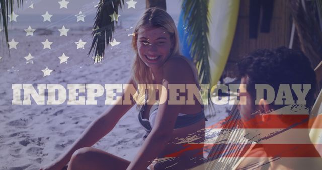 This image portrays friends celebrating Independence Day at the beach. The friends are smiling, suggesting a joyful and relaxed atmosphere. Ideal for use in promotional materials for Independence Day events, advertisements for summer beach destinations, or social media posts promoting patriotic holidays.