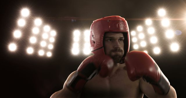 Male Boxer in Red Gear Ready for Fight in Arena with Bright Lights - Download Free Stock Images Pikwizard.com