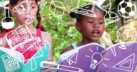 Two Schoolgirls Reading Outdoors Surrounded by Educational Icons