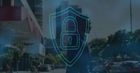 Cybersecurity Concept with Businessman in Urban Scene
