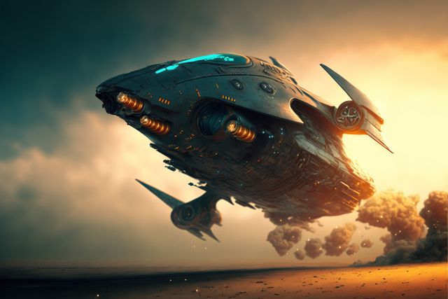 Image depicts a futuristic spaceship soaring over a barren desert landscape at sunrise. Ideal for illustrating science fiction stories, concept art for video games, and depicting futuristic technology and interplanetary exploration. Use in marketing materials for sci-fi events, book covers, or background art for futuristic scenes.