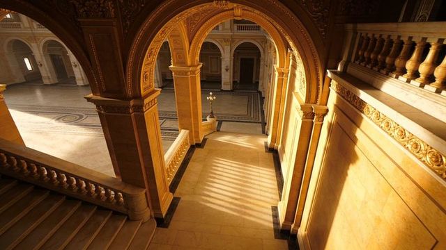Golden neoclassical museum interior with marble staircase and ornate arches