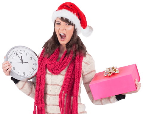Frustrated Woman wearing Santa Hat holding Clock and Gift on Transparent Background