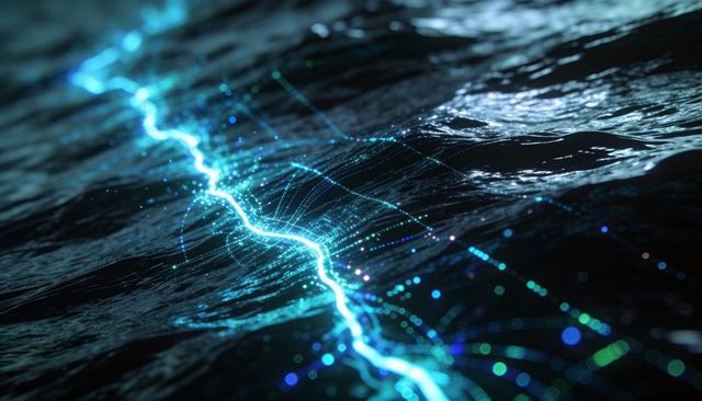 Glowing cyan energy ribbon arcing across dark rippling ocean with neon particle trails