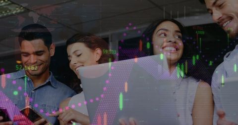 Diverse team analyzing financial data on electronic devices