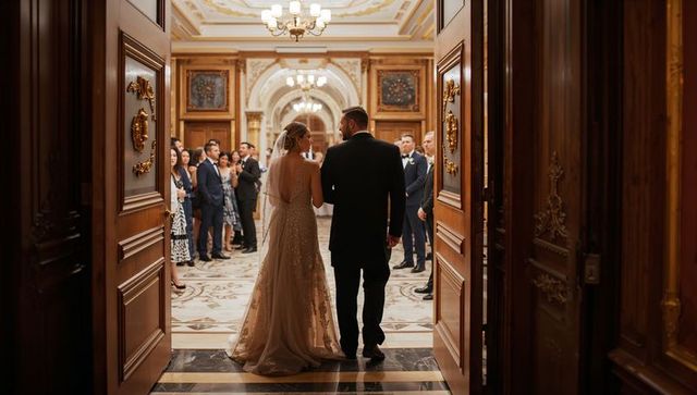 Bride and Groom Entering Grand Ballroom Through Ornate Doors at Luxury Wedding Reception