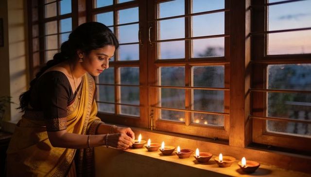 Indian woman lighting earthen diyas on wooden windowsill during dusky festival evening